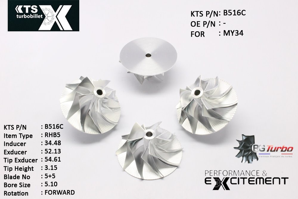 Turbo ROUE FORGÉE MFS PERFORMANCE - 5+5 PALES - INDUCER : 34,48 - EXDUCER : 52,13 - TYPE : RHB5ANGLE : 60° - ROTATION : Forward - SUPER BACK : 0 - BORE SIZE : 5,1
